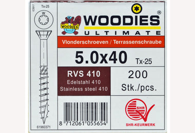 5.0x40 RVS T25 200st vlonderschroef woodies