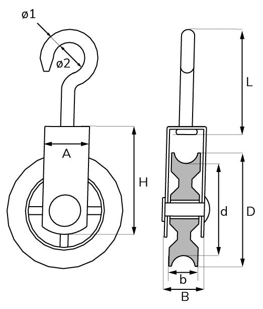 Katrol spitse haak 50 mm verzinkt