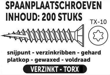 3.0x16mm torx verzinkt 200st spaanplaatschroef