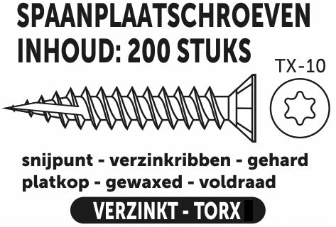 3.0x16mm torx verzinkt 200st spaanplaatschroef