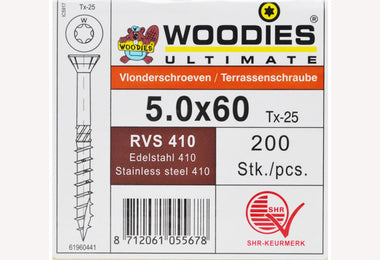 5.0x60 RVS T25 200st vlonderschroef woodies