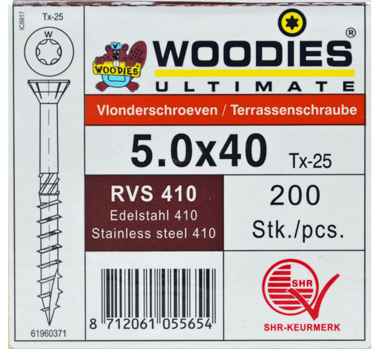 5.0x40 RVS T25 200st vlonderschroef woodies